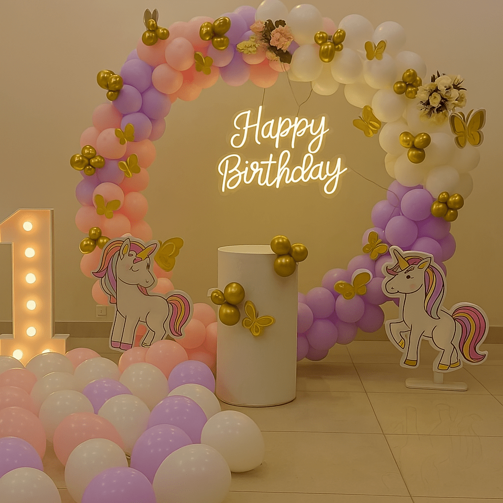 Stunning birthday decoration services in Noida, featuring personalized themes and vibrant balloon arrangements.
