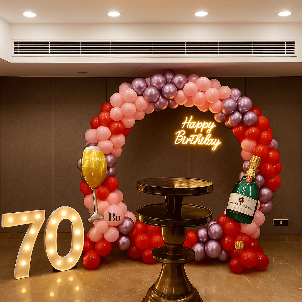 "Happy Birthday decoration setup with balloons and theme decor in Noida with different colors