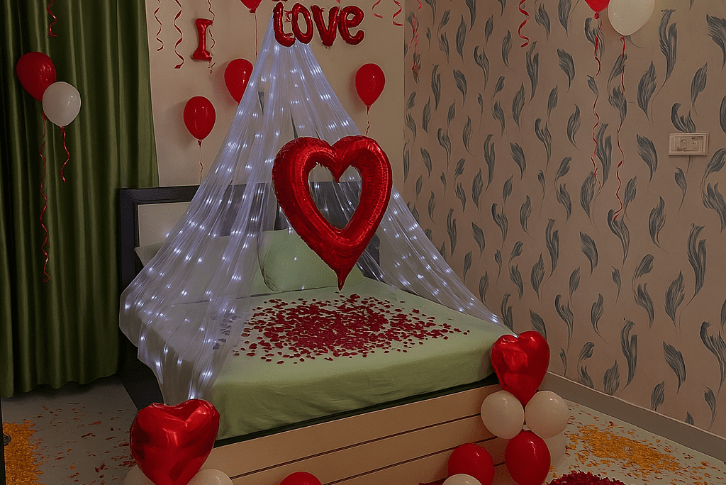 "Happy Anniversary celebration with beautiful balloon decorations on bed by Best Event Planner & Balloon Decorators, call 8595078930 for bookings."