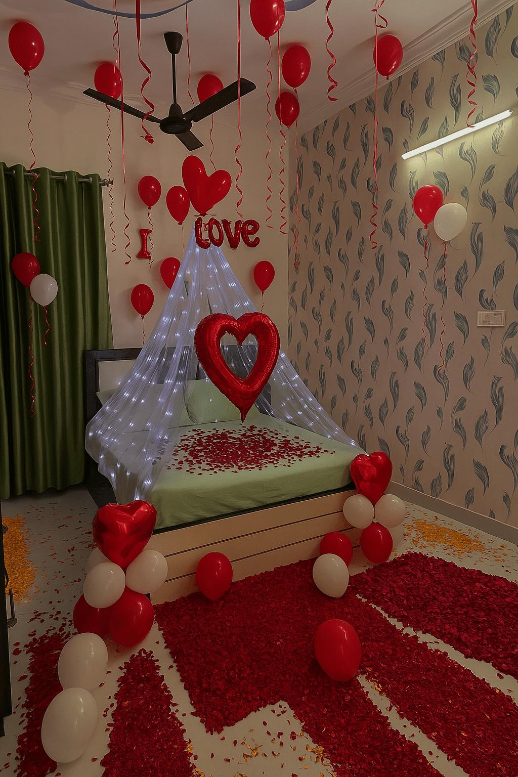 "Happy Anniversary celebration with beautiful balloon decorations on bed by Best Event Planner & Balloon Decorators, call 8595078930 for bookings."