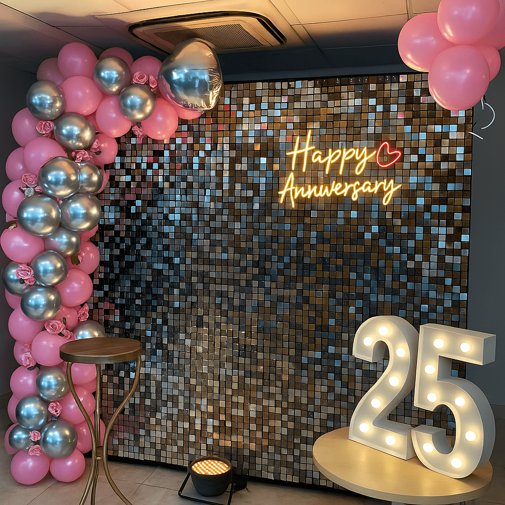 "Happy Anniversary celebration with beautiful balloon decorations by Best Event Planner & Balloon Decorators, call 8595078930 for bookings."