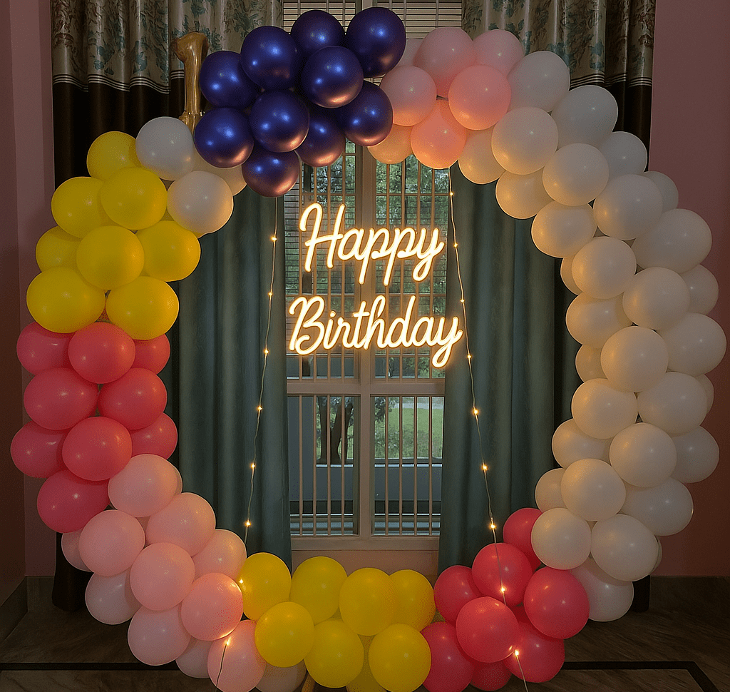 Stunning birthday decoration services in Noida, featuring personalized themes and vibrant balloon arrangements with while blue pink balloons