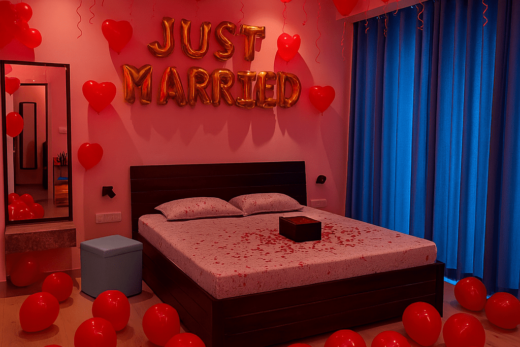 "Happy Anniversary celebration with beautiful red balloon decorations by Best Event Planner & Balloon Decorators, call 8595078930 for bookings."