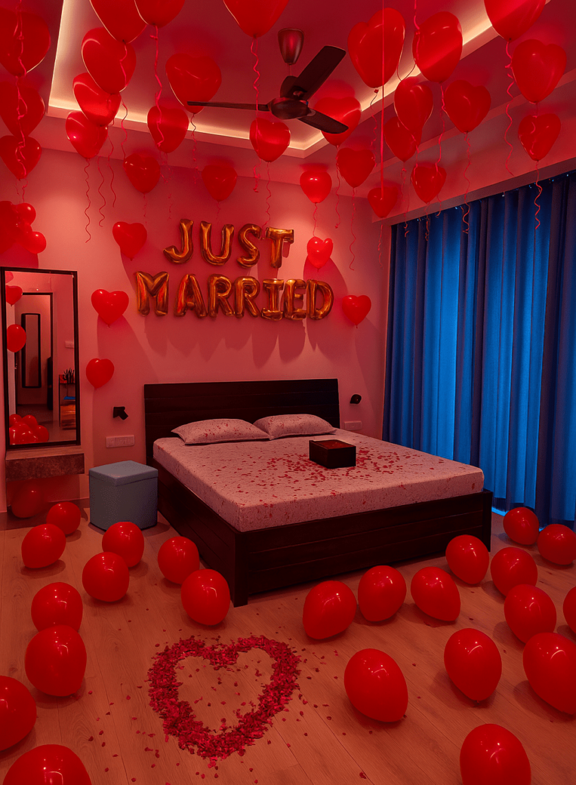 "Happy Anniversary celebration with beautiful red balloon decorations by Best Event Planner & Balloon Decorators, call 8595078930 for bookings."