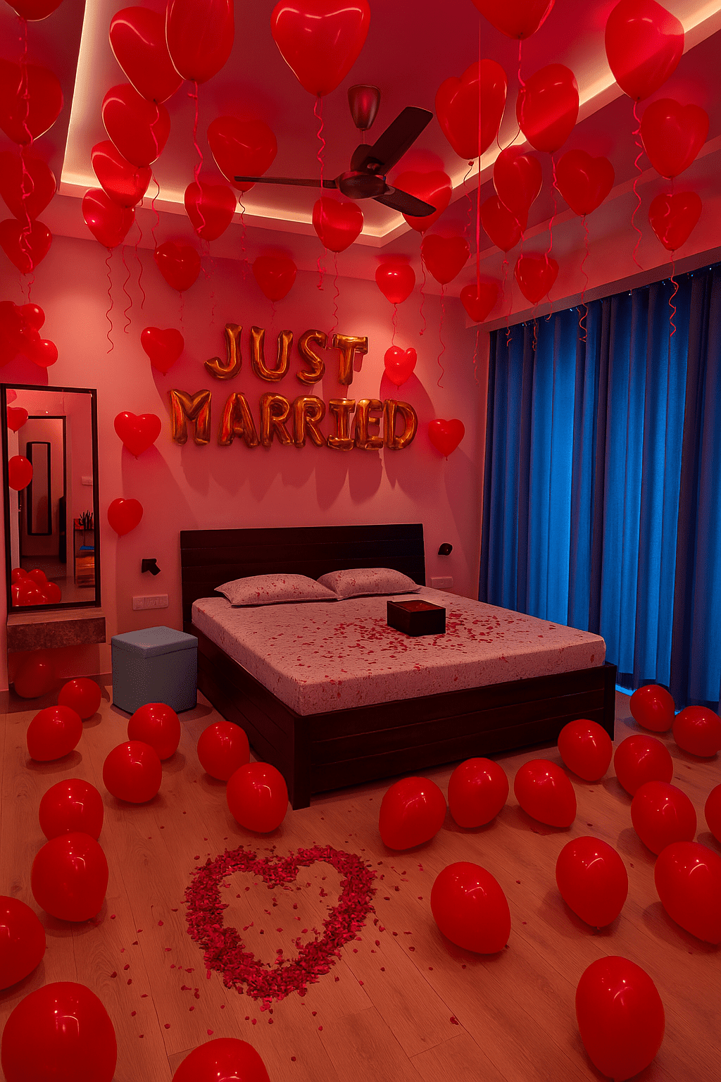 "Happy Anniversary celebration with beautiful red balloon decorations by Best Event Planner & Balloon Decorators, call 8595078930 for bookings."