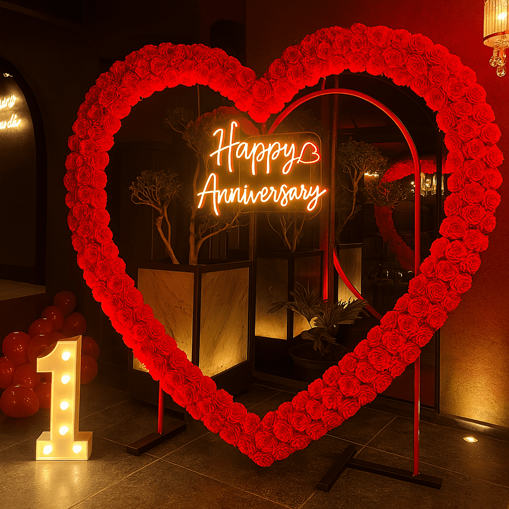 "Happy Anniversary celebration with beautiful heart shaped ring balloon decorations by Best Event Planner & Balloon Decorators, call 8595078930 for bookings."